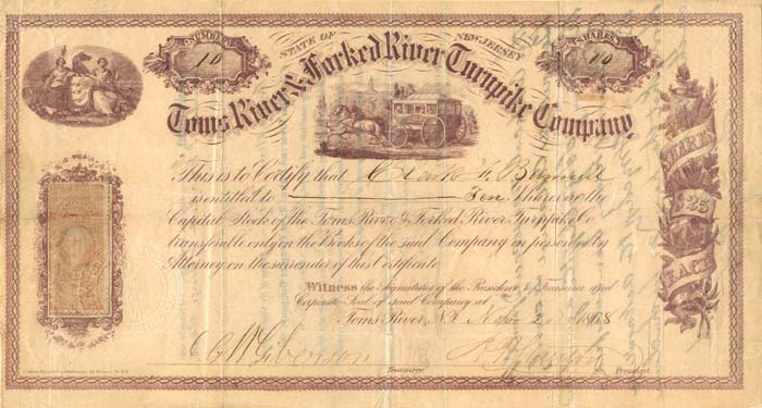 Toms River and Forked River Turnpike Co. - Stock Certificate